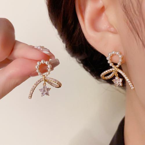 Cubic Zirconia Micro Pave Brass Earring, with Plastic Pearl, real gold plated, micro pave cubic zirconia & for woman, gold 