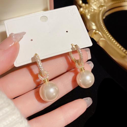 Cubic Zirconia Micro Pave Brass Earring, with Plastic Pearl, real gold plated, micro pave cubic zirconia & for woman, gold 