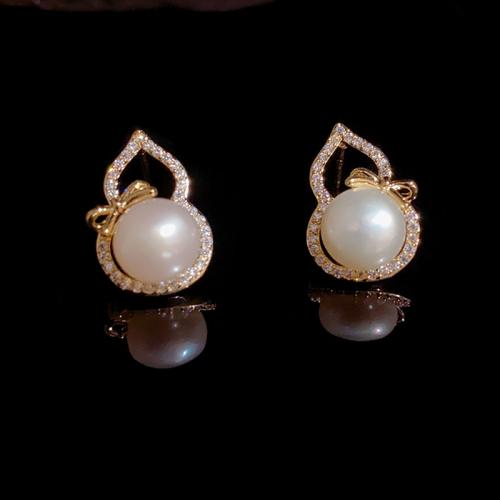 Cubic Zirconia Micro Pave Brass Earring, with Freshwater Pearl, real gold plated, micro pave cubic zirconia & for woman, gold 