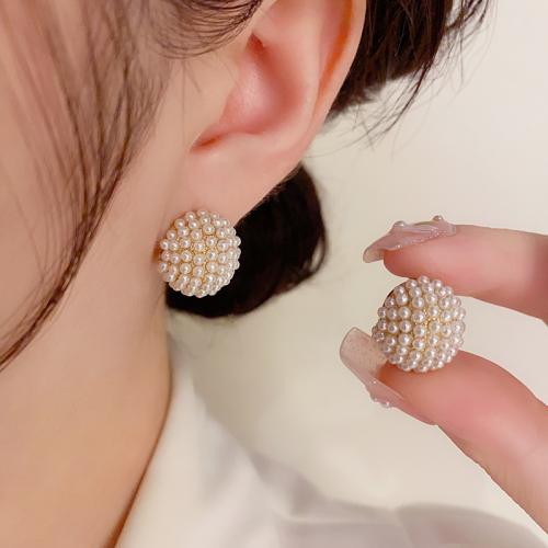 Brass Stud Earring, with Plastic Pearl, real gold plated, for woman, gold 