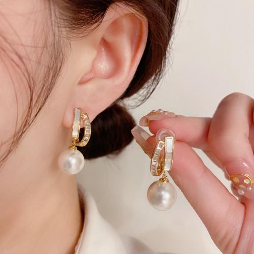 Cubic Zirconia Micro Pave Brass Earring, with Shell & Plastic Pearl, real gold plated, micro pave cubic zirconia & for woman, gold 