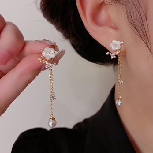 Cubic Zirconia Micro Pave Brass Earring, with Shell & Plastic Pearl, real gold plated, micro pave cubic zirconia & for woman, gold 