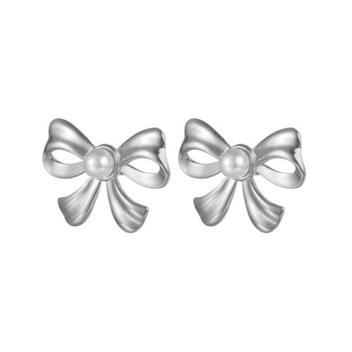 Stainless Steel Stud Earring, 304 Stainless Steel, with Plastic Pearl, Bowknot, plated, for woman 