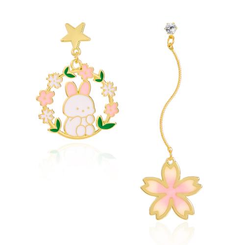 Zinc Alloy Asymmetric Earrings, with Plastic Pearl, gold color plated & for woman & enamel & hollow 