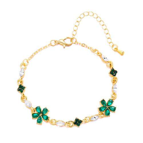 Zinc Alloy Bracelet, with 1.97inch extender chain, Flower, gold color plated, for woman & with rhinestone Approx 7.09 Inch 