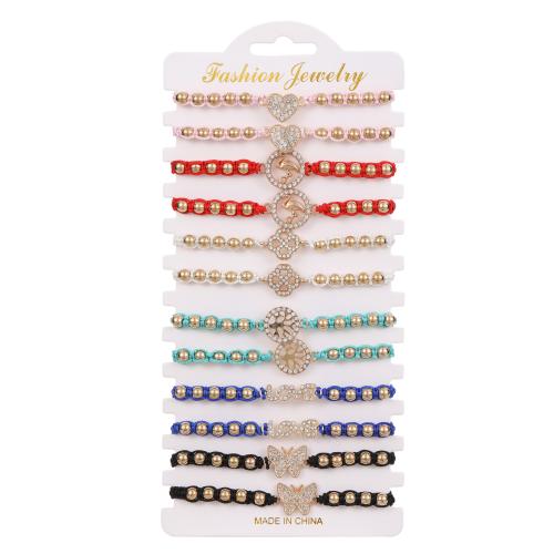 alliage de zinc Set de bracelet, avec cordon de polyester, fait à la main, pour femme & avec strass & creux, multicolore Environ 7-9 pouce, Vendu par fixé