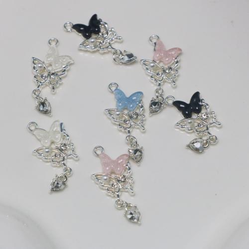 Zinc Alloy Rhinestone Pendants, with Resin & Plastic Pearl, Butterfly, silver color plated, DIY & with rhinestone 