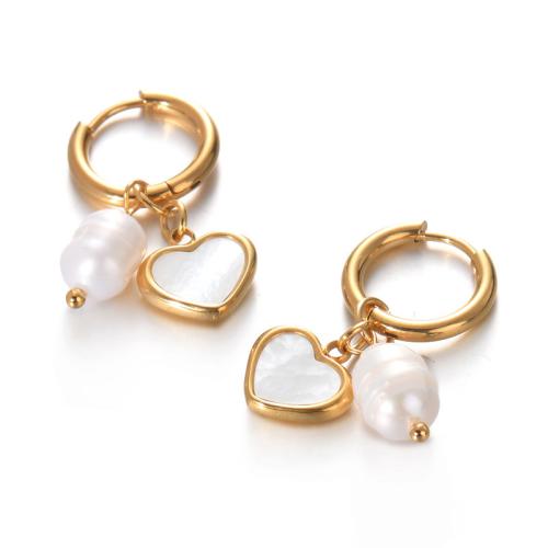 Huggie Hoop Drop Earring, 304 Stainless Steel, with Shell & Plastic Pearl, plated, for woman, gold 