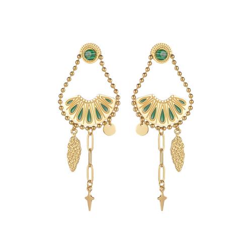 Stainless Steel Stud Earring, 304 Stainless Steel, with Malachite, plated, for woman & enamel, gold 