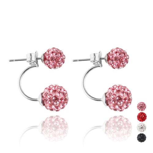 Stainless Steel Rhinestone Stud Earring, 304 Stainless Steel, for woman & with rhinestone Big bead 8mm,small bead 6mm 