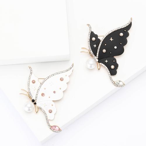 Rhinestone Zinc Alloy Brooch, with Plastic Pearl, Butterfly, plated, fashion jewelry & enamel & with rhinestone 