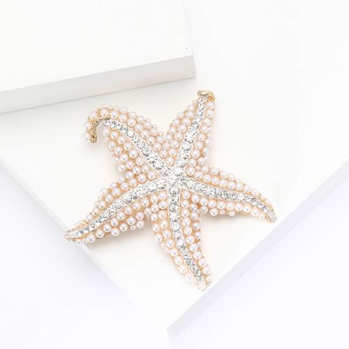 Rhinestone Zinc Alloy Brooch, with Plastic Pearl, Starfish, plated, fashion jewelry & with rhinestone, golden 