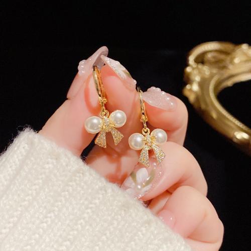 Cubic Zirconia Micro Pave Brass Earring, with Plastic Pearl, Bowknot, real gold plated, micro pave cubic zirconia & for woman, gold 