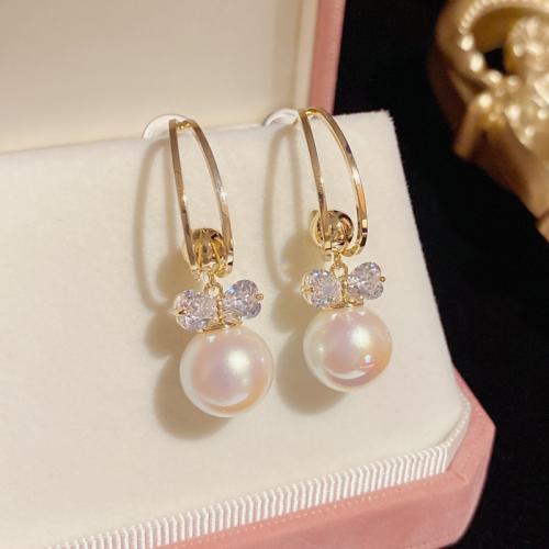 Cubic Zirconia Micro Pave Brass Earring, with Plastic Pearl, real gold plated, micro pave cubic zirconia & for woman, gold 