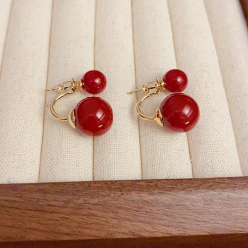 Brass Stud Earring, with Plastic Pearl, real gold plated, for woman & enamel, red 