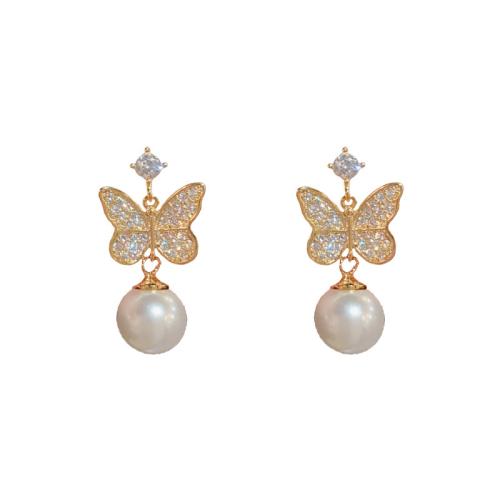 Cubic Zirconia Micro Pave Brass Earring, with Plastic Pearl, Butterfly, real gold plated, micro pave cubic zirconia & for woman 