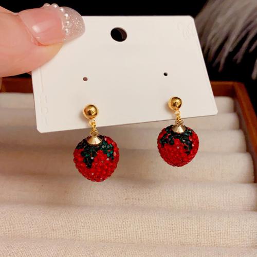 Cubic Zirconia Micro Pave Brass Earring, Strawberry, real gold plated, micro pave cubic zirconia & for woman, red 