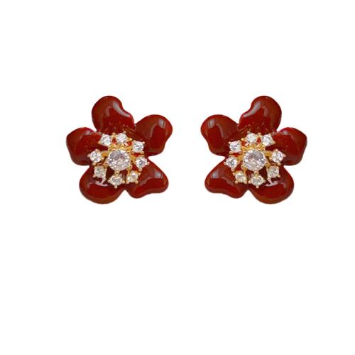 Cubic Zirconia Micro Pave Brass Earring, petals, real gold plated, micro pave cubic zirconia & for woman & enamel 