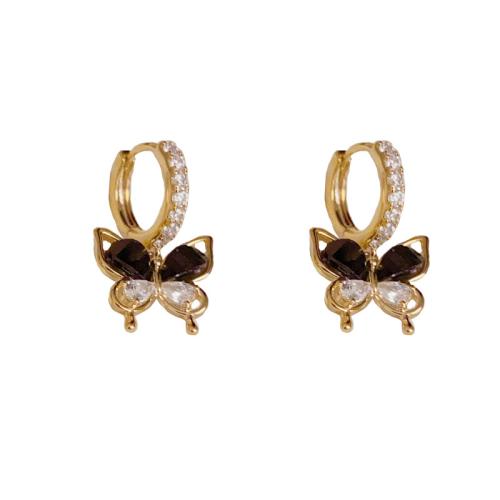 Cubic Zirconia Micro Pave Brass Earring, Butterfly, real gold plated, micro pave cubic zirconia & for woman, gold 