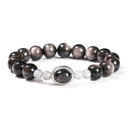 Silver+Obsidian Armband, mit Golden Luck Stone & Blauer Mondstein & Zinklegierung, handgemacht, Modeschmuck & unisex, beads length 10mm, 6mm, Länge:ca. 6-8 ZollInch, verkauft von PC