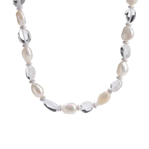 Clear Quartz Necklace, with Shell Pearl & 304 Stainless Steel, Nuggets, handmade, fashion jewelry & for woman Approx 16 Inch 