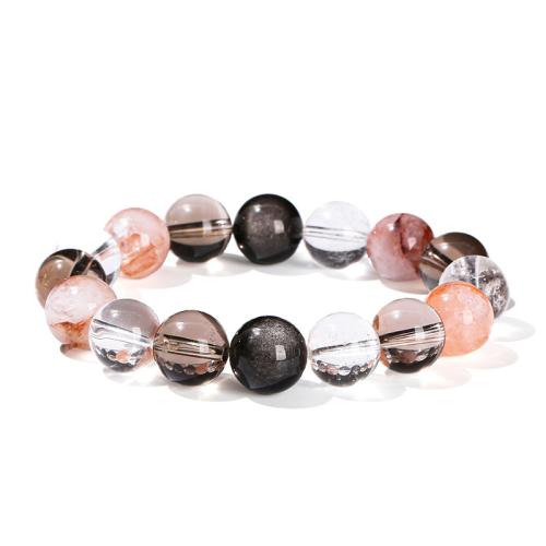 quartz fumé bracelet, avec Argent-Obsidienne & quartz clair, Rond, poli, bijoux de mode & pour femme, beads length 12mm Environ 6-8 pouce, Vendu par PC