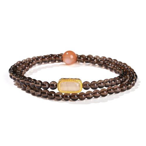 Smoky Quartz Bracelet, with Orange Moonstone & Brass, handmade, Double Layer & for woman, beads length 4mm Approx 12-14 Inch [