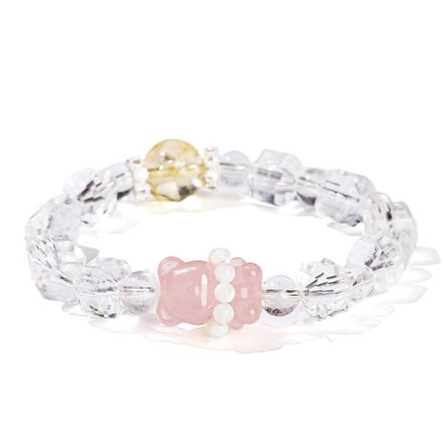 Clear Quartz Bracelet, with Madagascar Rose Quartz & Brass, Bear, handmade, fashion jewelry & for woman, beads length 8-10mm Approx 6-7 Inch [