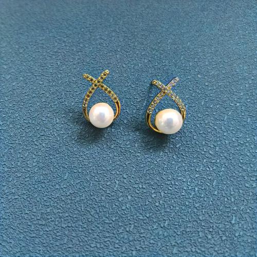 Brass Stud Earring, with Plastic Pearl, fashion jewelry & for woman & with rhinestone, golden 