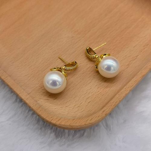 Brass Stud Earring, with Plastic Pearl, fashion jewelry & for woman & with rhinestone, golden, 28mm 