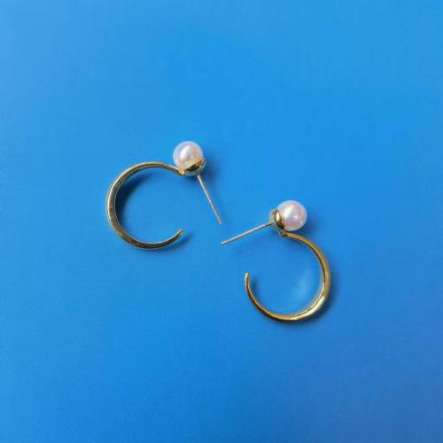 Brass Stud Earring, with Plastic Pearl, fashion jewelry & for woman, golden, 20mm 