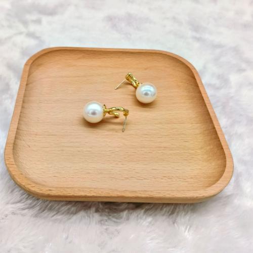 Brass Stud Earring, with Plastic Pearl, fashion jewelry & for woman, golden, 25mm 