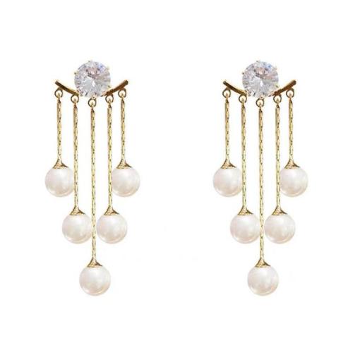 Rhinestone Brass Drop Earring, with Plastic Pearl, fashion jewelry & for woman & with rhinestone, golden, 46mm 