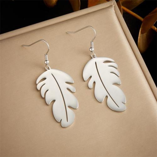 Stainless Steel Drop Earring, 304 Stainless Steel, Feather, fashion jewelry & for woman, original color 