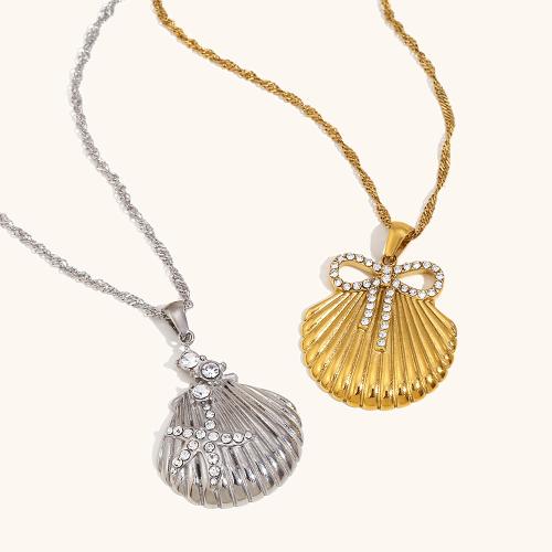 Stainless Steel Jewelry Necklace, 304 Stainless Steel, with 5cm extender chain, Shell & for woman & with rhinestone Approx 45 cm [