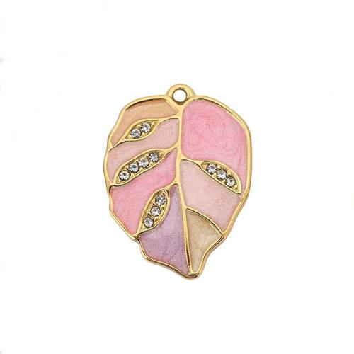 Enamel Stainless Steel Pendant, 304 Stainless Steel, Leaf, Vacuum Ion Plating, DIY & with rhinestone 