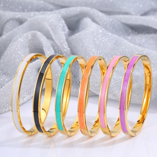 Titanium Steel Bangle, Round, gold color plated, for woman & enamel [