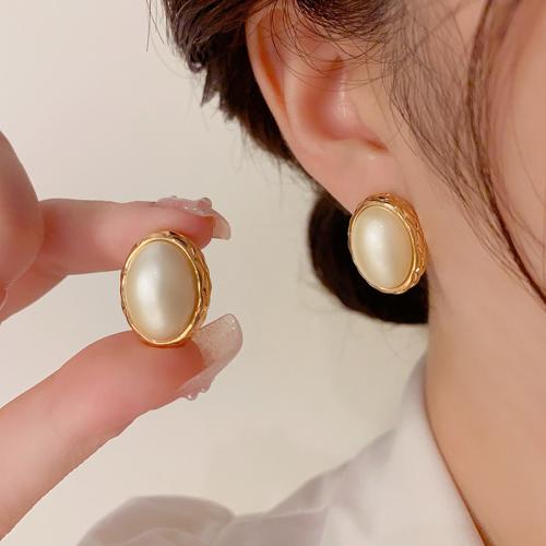 Brass Stud Earring, with Plastic Pearl, real gold plated, for woman, gold 