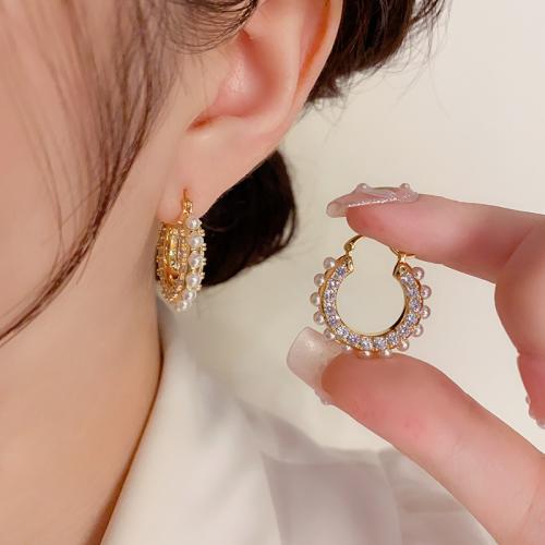 Cubic Zirconia Micro Pave Brass Earring, with Plastic Pearl, real gold plated, micro pave cubic zirconia & for woman, gold 