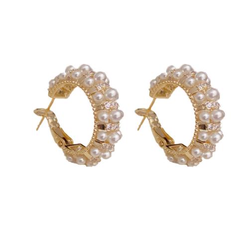 Cubic Zirconia Micro Pave Brass Earring, with Plastic Pearl, real gold plated, micro pave cubic zirconia & for woman, gold 