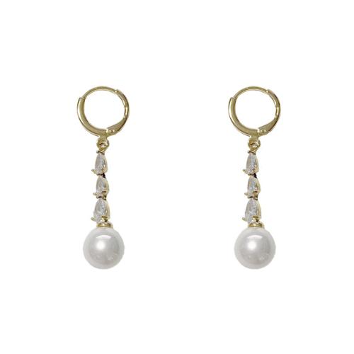 Cubic Zirconia Micro Pave Brass Earring, with Plastic Pearl, real gold plated, micro pave cubic zirconia & for woman, gold 