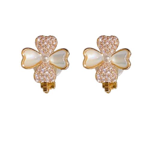 Cubic Zirconia Micro Pave Brass Earring, with Shell & Plastic Pearl, real gold plated, micro pave cubic zirconia & for woman 