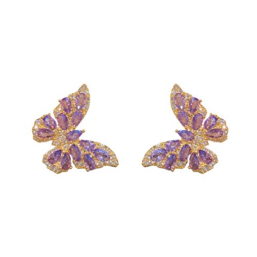 Cubic Zirconia Micro Pave Brass Earring, Butterfly, real gold plated, micro pave cubic zirconia & for woman 