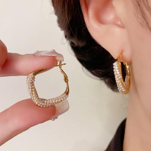 Cubic Zirconia Micro Pave Brass Earring, with Plastic Pearl, real gold plated, micro pave cubic zirconia & for woman, gold 