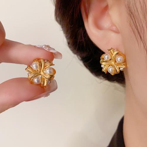 Cubic Zirconia Micro Pave Brass Earring, with Plastic Pearl, real gold plated, micro pave cubic zirconia & for woman, gold 