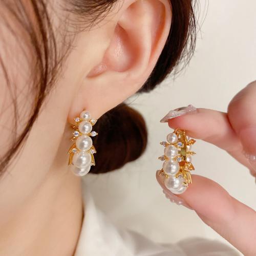 Cubic Zirconia Micro Pave Brass Earring, with Plastic Pearl, real gold plated, micro pave cubic zirconia & for woman, gold 