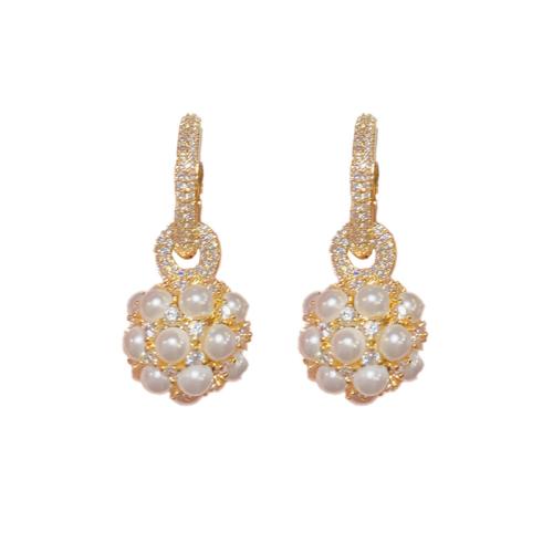 Cubic Zirconia Micro Pave Brass Earring, with Plastic Pearl, real gold plated, micro pave cubic zirconia & for woman, gold 