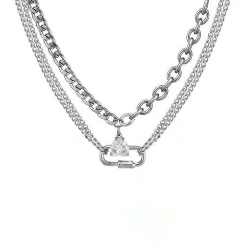 Titanium Steel Necklace, Unisex & micro pave cubic zirconia, silver color Approx 21-50 cm [