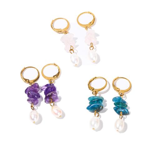 Gemstone Huggie Hoop Drop Earring, with Plastic Pearl & 304 Stainless Steel, irregular & for woman, 40mm 