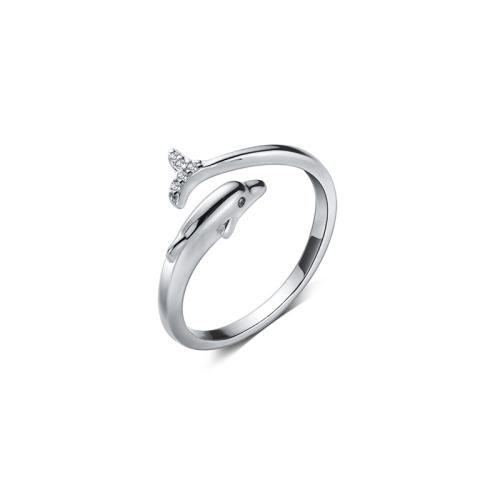 925 Sterling Silver Cuff Finger Ring, Dolphin, platinum plated, Korean style & for woman & with rhinestone, US Ring 